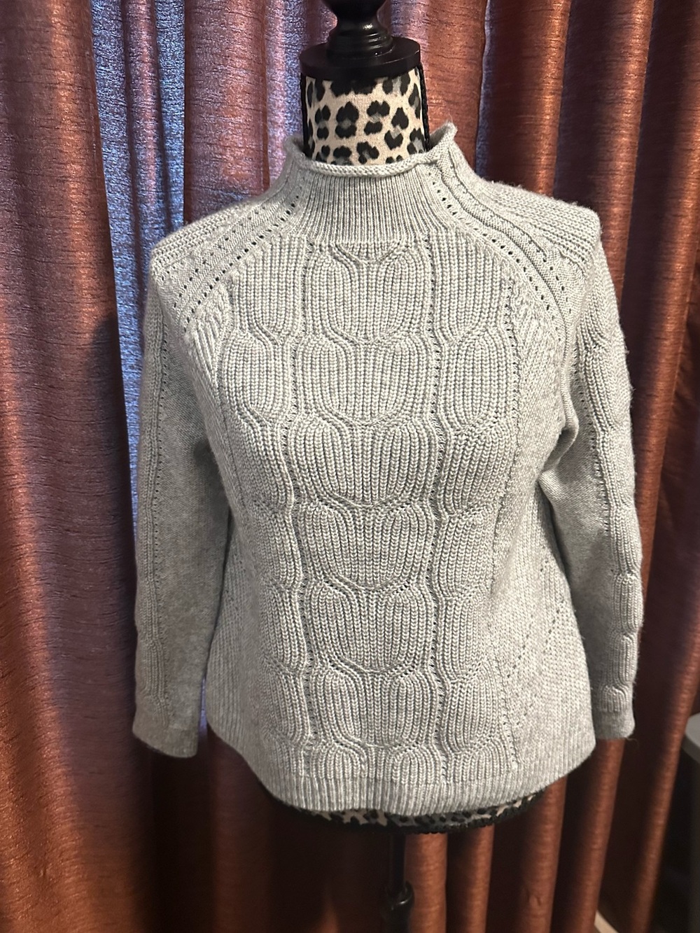 Talbots Light Gray Cable Knit Turtleneck Sweater